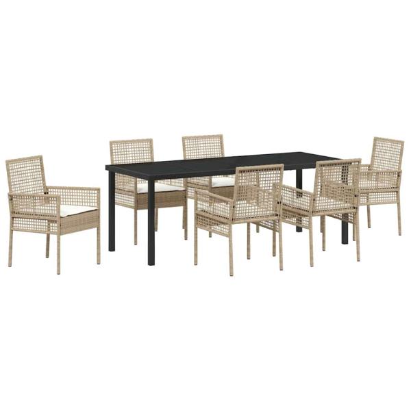 ARDEBO.de - 7-teiliges Garten Esszimmer Set mit Kissen Beige Poly Rattan