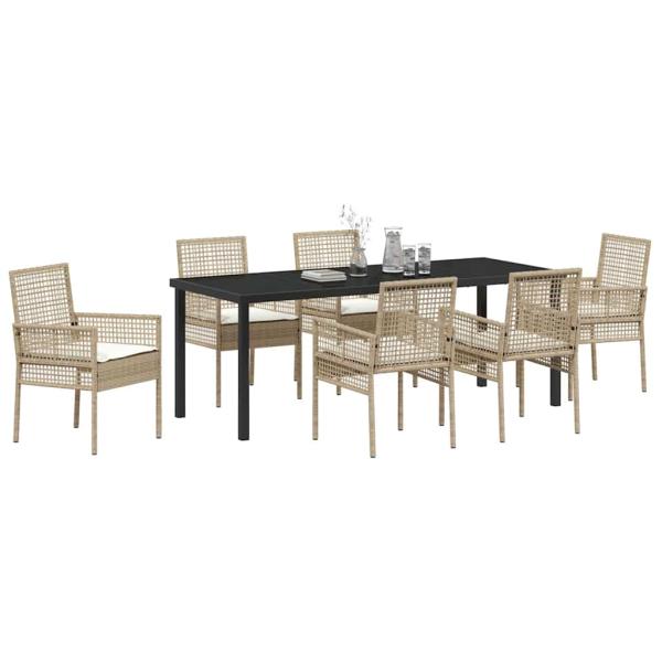 7-teiliges Garten Esszimmer Set mit Kissen Beige Poly Rattan