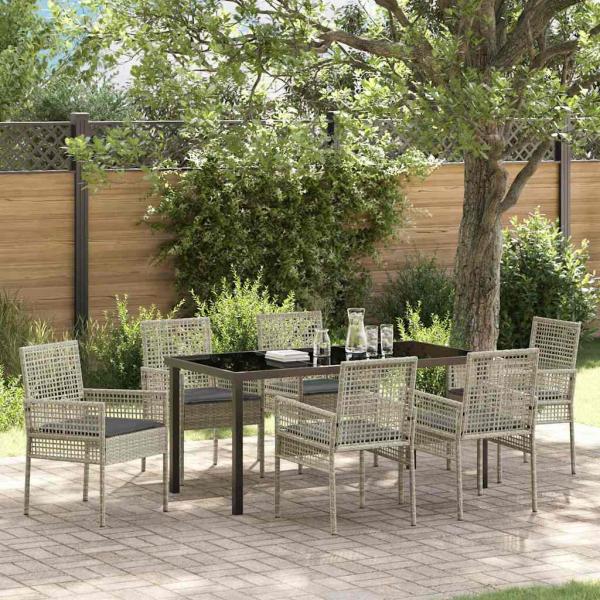 ARDEBO.de - 7-teiliges Garten Essset mit Kissen Hellgrau Poly Rattan