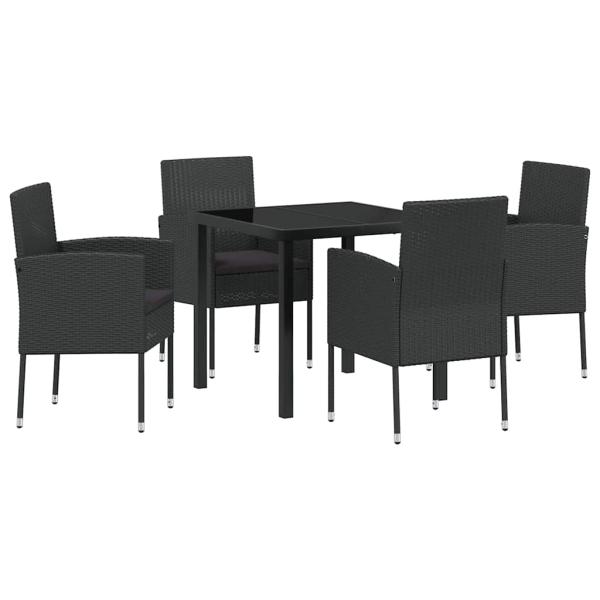 5-teiliges Garten-Ess-Set mit Kissen Schwarz Poly-Rattan