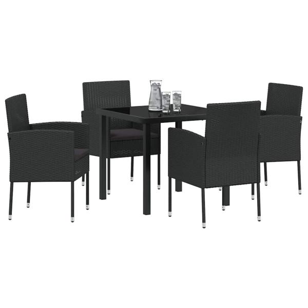5-teiliges Garten-Ess-Set mit Kissen Schwarz Poly-Rattan