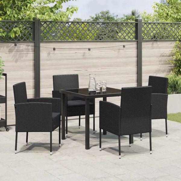 5-teiliges Garten-Ess-Set mit Kissen Schwarz Poly-Rattan