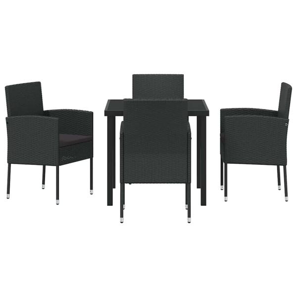 5-teiliges Garten-Ess-Set mit Kissen Schwarz Poly-Rattan