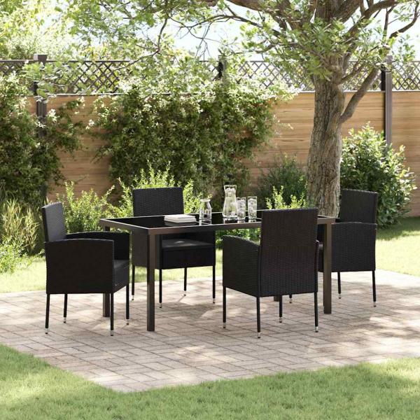 ARDEBO.de - 5-teiliges Garten Esstischset mit Kissen Schwarz Poly-Rattan
