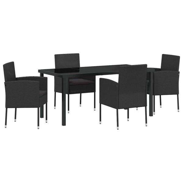 5-teiliges Garten Esstischset mit Kissen Schwarz Poly-Rattan