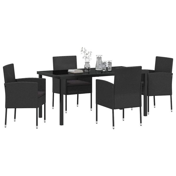 5-teiliges Garten Esstischset mit Kissen Schwarz Poly-Rattan