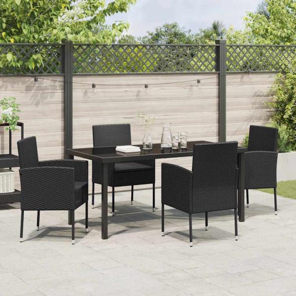5-teiliges Garten Esstischset mit Kissen Schwarz Poly-Rattan