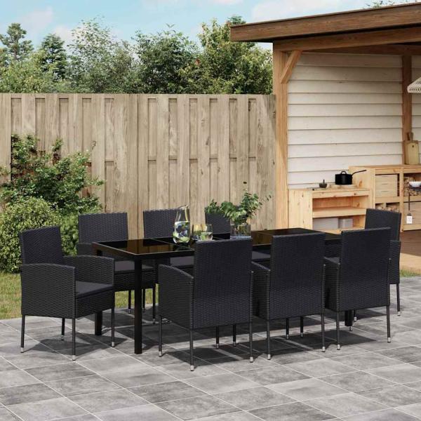 9-teiliges Garten-Ess-Set mit Kissen Schwarz Poly-Rattan