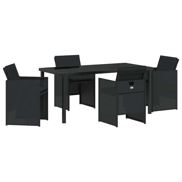 5-teiliges Garten-Essset mit Kissen aus schwarzem Poly-Rattan