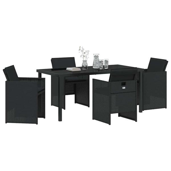 5-teiliges Garten-Essset mit Kissen aus schwarzem Poly-Rattan
