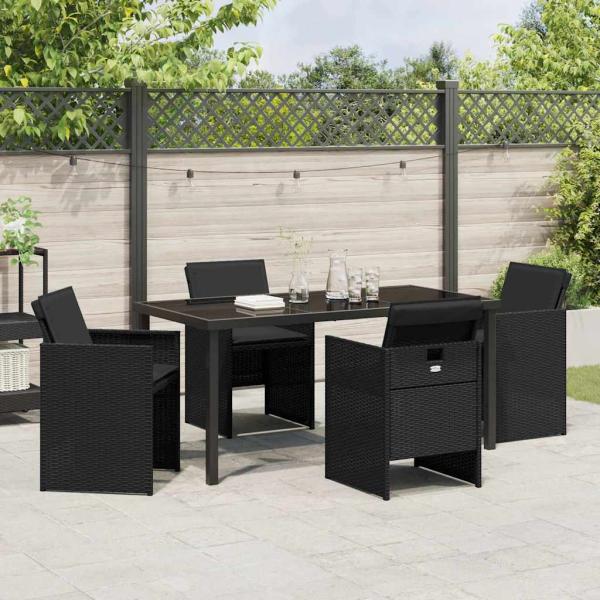5-teiliges Garten-Essset mit Kissen aus schwarzem Poly-Rattan