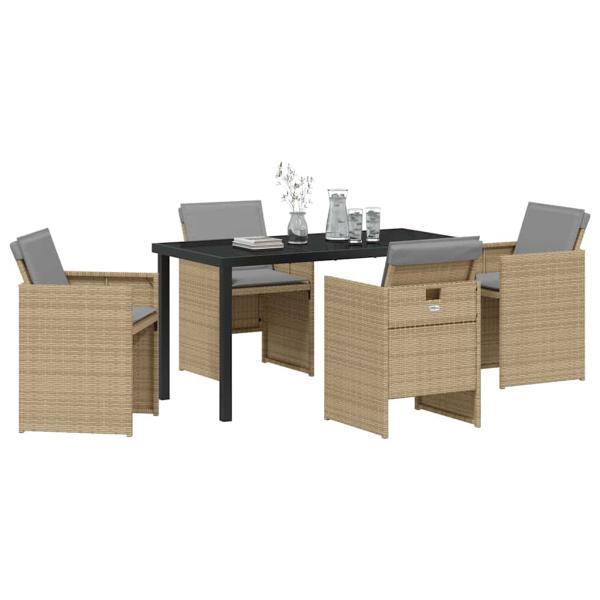 5-teiliges Garten-Esszimmer-Set mit Kissen Beige Poly Rattan