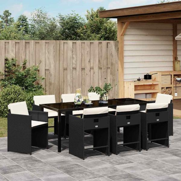 ARDEBO.de - 9-teiliges Garten-Essset mit Kissen aus schwarzem Poly-Rattan