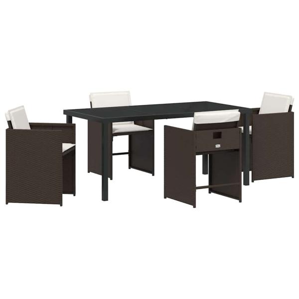 5-teiliges Garten-Ess-Set mit Kissen in braunem Poly-Rattan