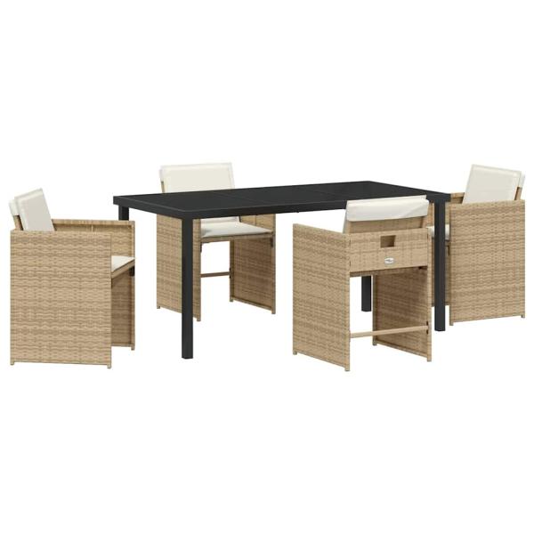 5-teiliges Garten Esstisch Set mit Kissen - Beiges Poly Rattan