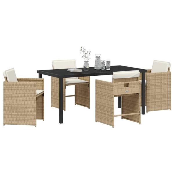 5-teiliges Garten Esstisch Set mit Kissen - Beiges Poly Rattan