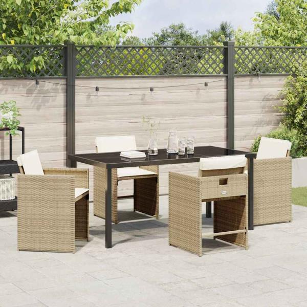 5-teiliges Garten Esstisch Set mit Kissen - Beiges Poly Rattan