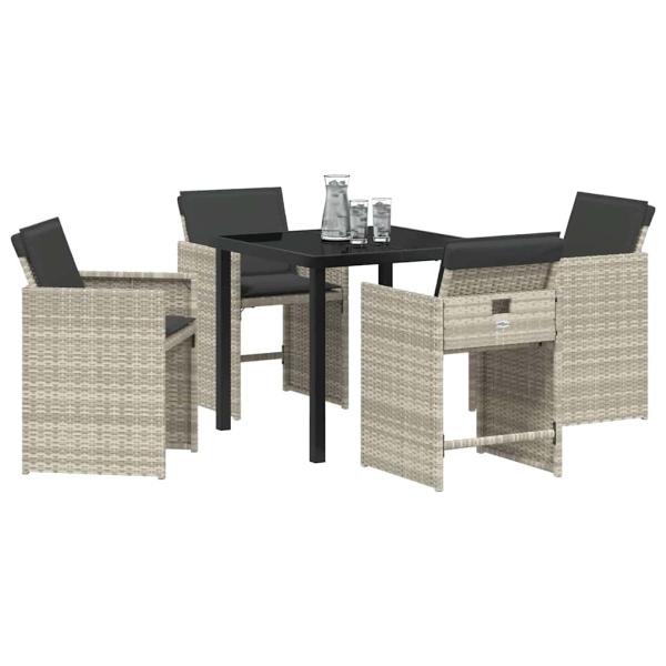 5-teiliges Garten-Ess-Set mit Kissen Hellgrau Poly-Rattan