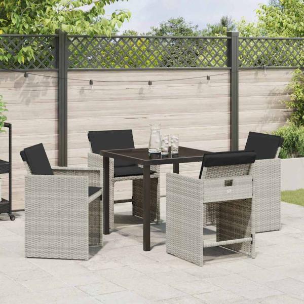 5-teiliges Garten-Ess-Set mit Kissen Hellgrau Poly-Rattan
