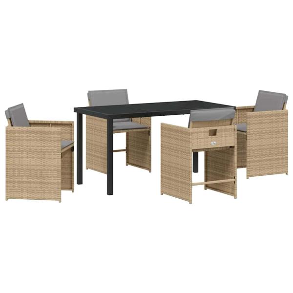 5-teiliges Garten-Ess-Set mit Kissen Beige Poly Rattan