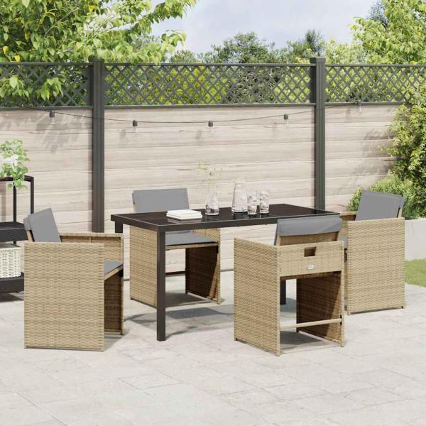 5-teiliges Garten-Ess-Set mit Kissen Beige Poly Rattan