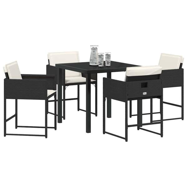 5-teilige Garten-Essgruppe mit Kissen aus schwarzem Poly-Rattan