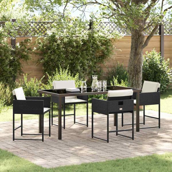 ARDEBO.de - 5-teiliges Garten-Esstisch-Set mit Kissen Schwarz Poly-Rattan