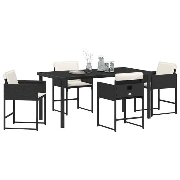 5-teiliges Garten-Esstisch-Set mit Kissen Schwarz Poly-Rattan