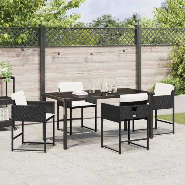 5-teiliges Garten-Esstisch-Set mit Kissen Schwarz Poly-Rattan