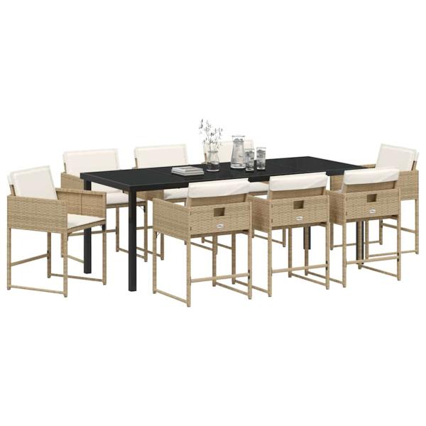 9-teiliges Garten-Essset mit Kissen Beige Poly Rattan