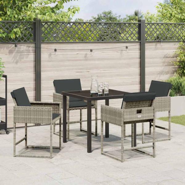 5-teiliges Garten-Essset mit Kissen in Hellgrau aus Poly-Rattan