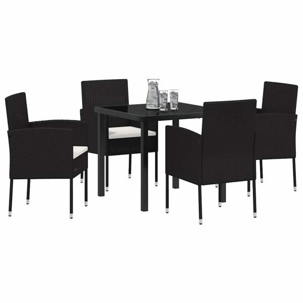 5-teiliges Garten Essgruppen Set mit Kissen schwarzes Poly-Rattan
