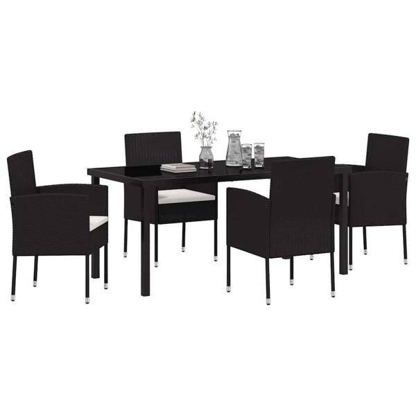 5-teiliges Garten Essset mit Kissen Schwarz Poly Rattan