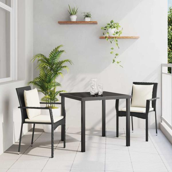 ARDEBO.de - 3-teiliges Garten-Ess-Set mit Kissen Schwarz Poly Rattan