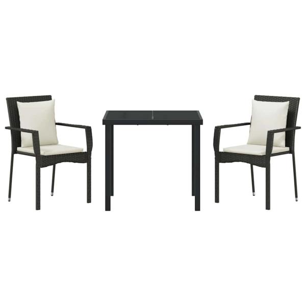 3-teiliges Garten-Ess-Set mit Kissen Schwarz Poly Rattan