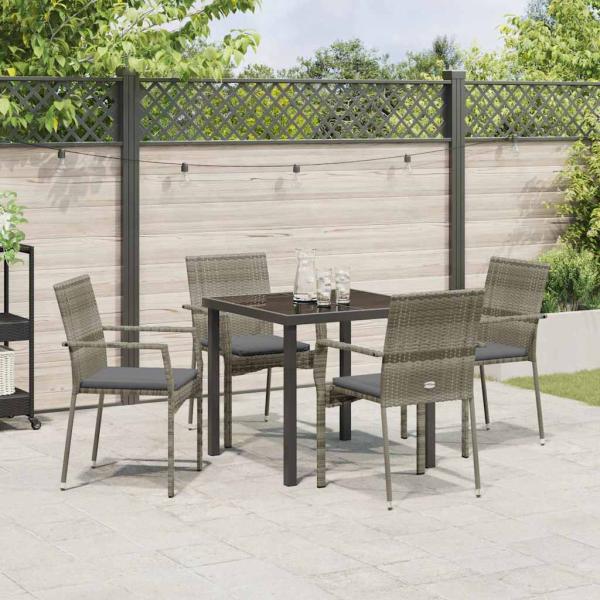 5-teiliges Garten-Esszimmer-Set mit Kissen Grau Poly-Rattan