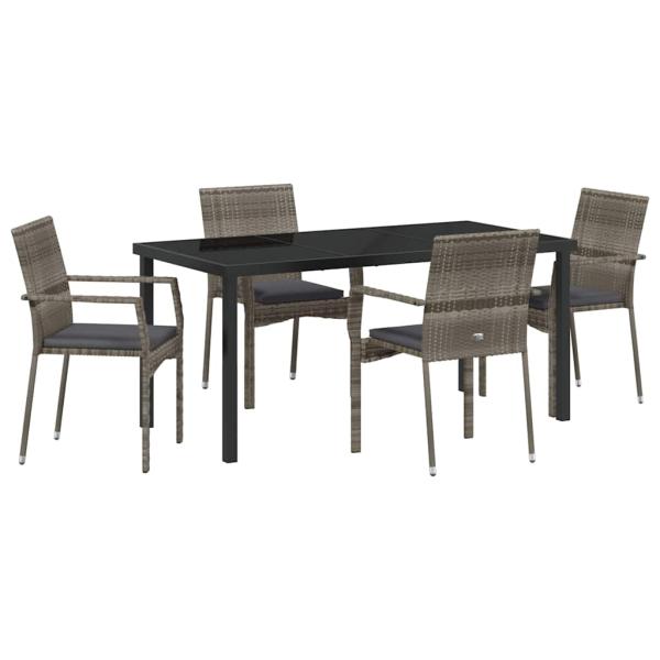 5-teiliges Garten-Essset mit Kissen Grau Poly-Rattan