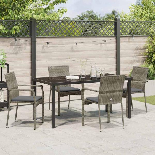 5-teiliges Garten-Essset mit Kissen Grau Poly-Rattan