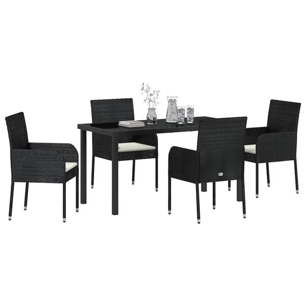 5-teilige Garten-Essgruppe mit Kissen schwarzes Poly-Rattan