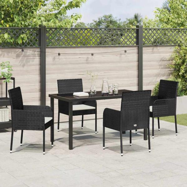 5-teilige Garten-Essgruppe mit Kissen schwarzes Poly-Rattan