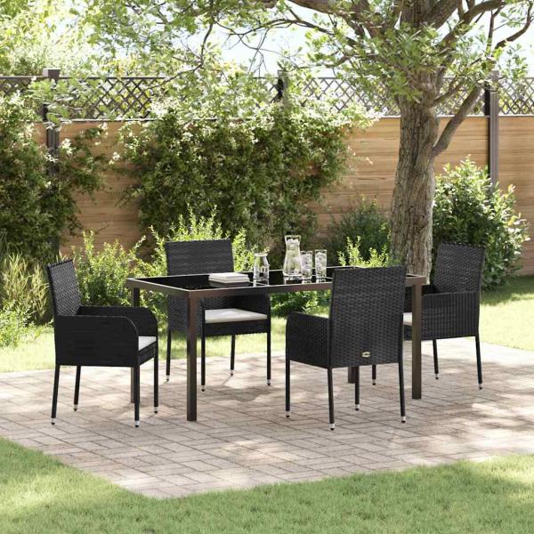 ARDEBO.de - 5-teiliges Garten-Ess-Set mit Kissen Schwarz Poly-Rattan
