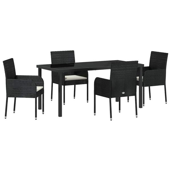 5-teiliges Garten-Ess-Set mit Kissen Schwarz Poly-Rattan
