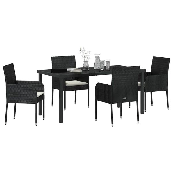 5-teiliges Garten-Ess-Set mit Kissen Schwarz Poly-Rattan