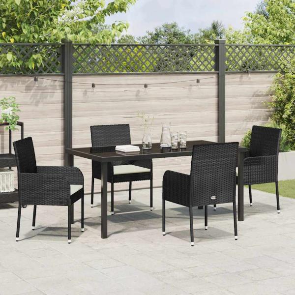 5-teiliges Garten-Ess-Set mit Kissen Schwarz Poly-Rattan