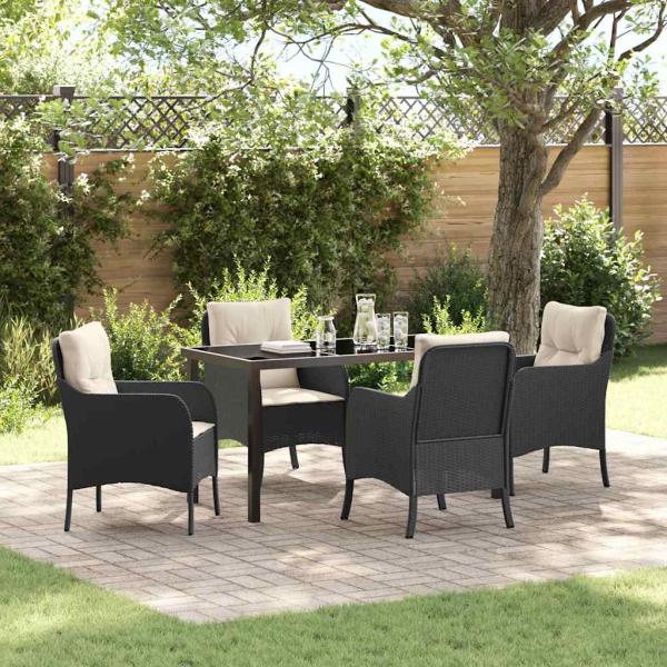 ARDEBO.de - 5-teiliges Garten-Ess-Set mit Kissen Schwarz Poly-Rattan