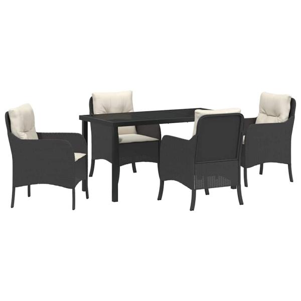 5-teiliges Garten-Ess-Set mit Kissen Schwarz Poly-Rattan