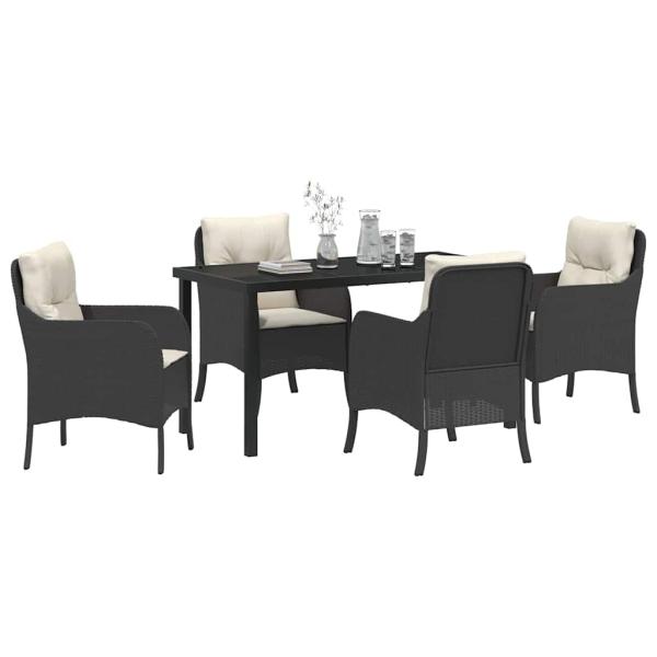 5-teiliges Garten-Ess-Set mit Kissen Schwarz Poly-Rattan