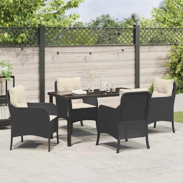 5-teiliges Garten-Ess-Set mit Kissen Schwarz Poly-Rattan