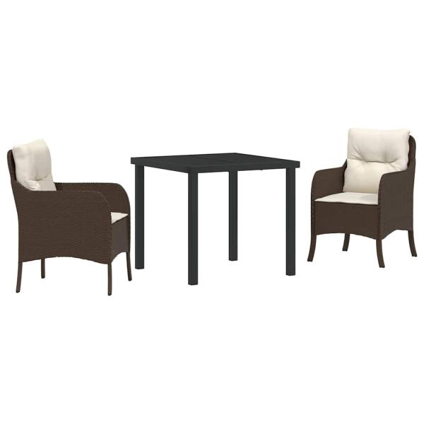 3-teiliges Garten-Essenset mit Kissen in Braun Poly Rattan