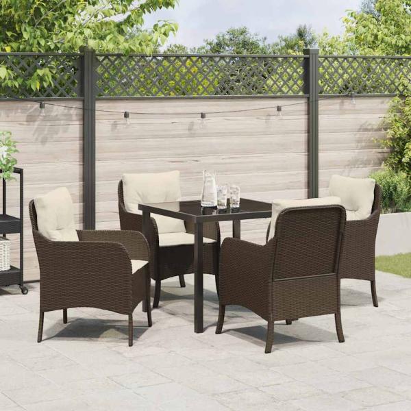 5-teiliges Garten-Ess-Set mit Kissen Braun Poly-Rattan